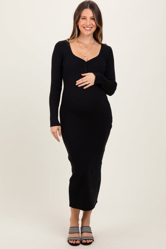 Black Henley Ribbed Maternity Midi Sweater Dress