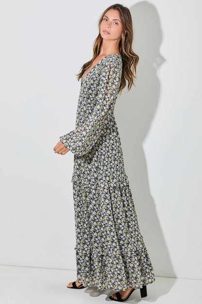 Black Floral Chiffon V-Neck Ruffle Tiered Maxi Dress