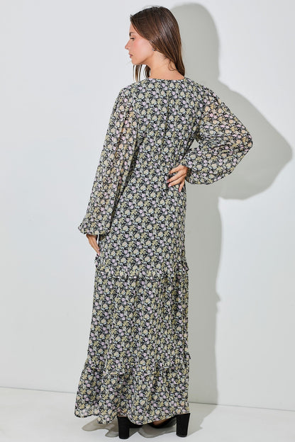Black Floral Chiffon V-Neck Ruffle Tiered Maxi Dress