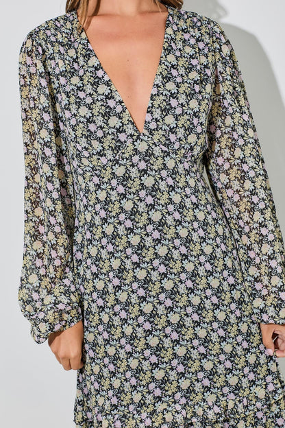 Black Floral Chiffon V-Neck Ruffle Tiered Maxi Dress