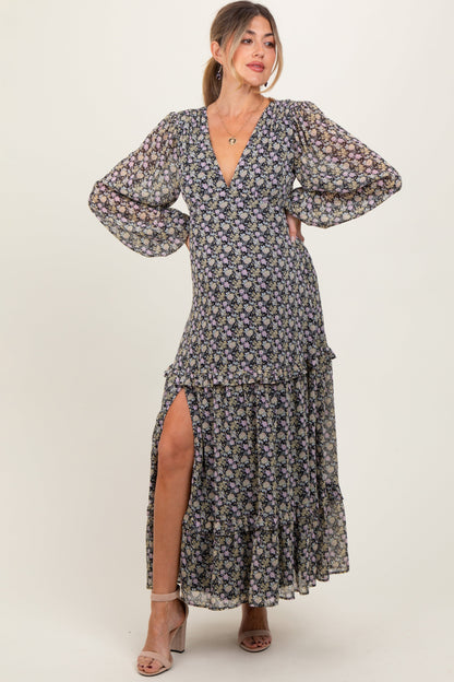 Black Floral Chiffon V-Neck Ruffle Tiered Maternity Maxi Dress