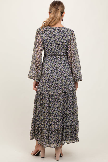 Black Floral Chiffon V-Neck Ruffle Tiered Maternity Maxi Dress