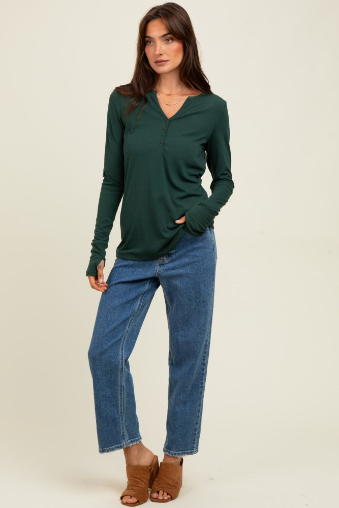 Forest Green Button Front Long Sleeve Top