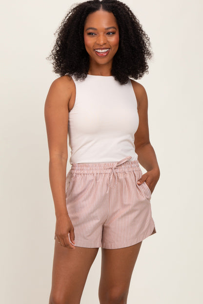 Camel Striped Round Hem Drawstring Shorts