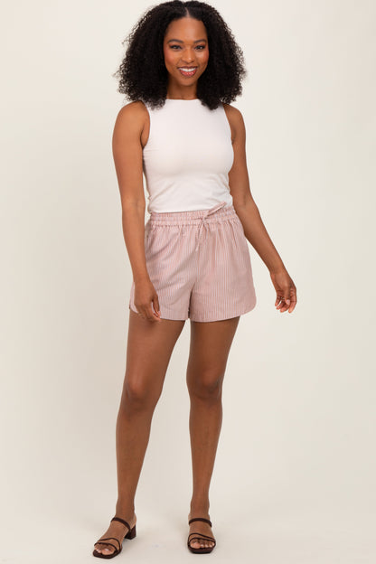Camel Striped Round Hem Drawstring Shorts