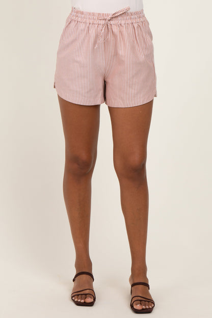Camel Striped Round Hem Drawstring Shorts