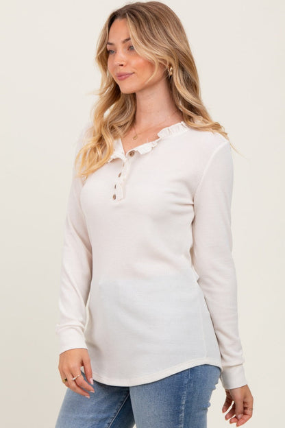 Cream Ruffle Collar Micro Waffle Knit Henley Top