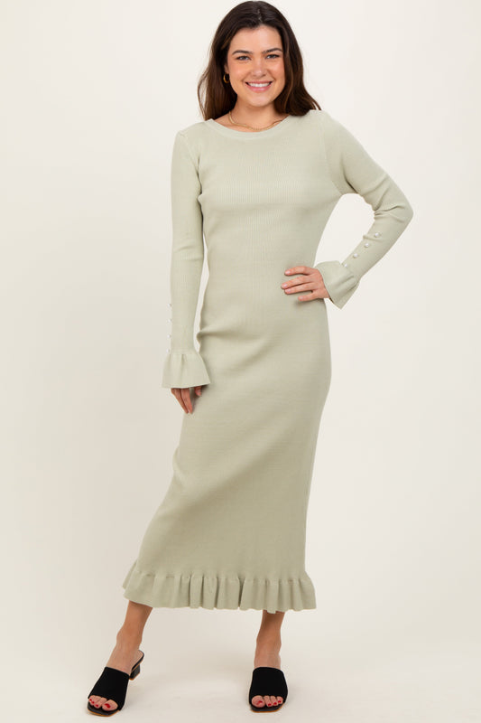 Light Olive Ribbed Knit Bow Back Maxi Dress