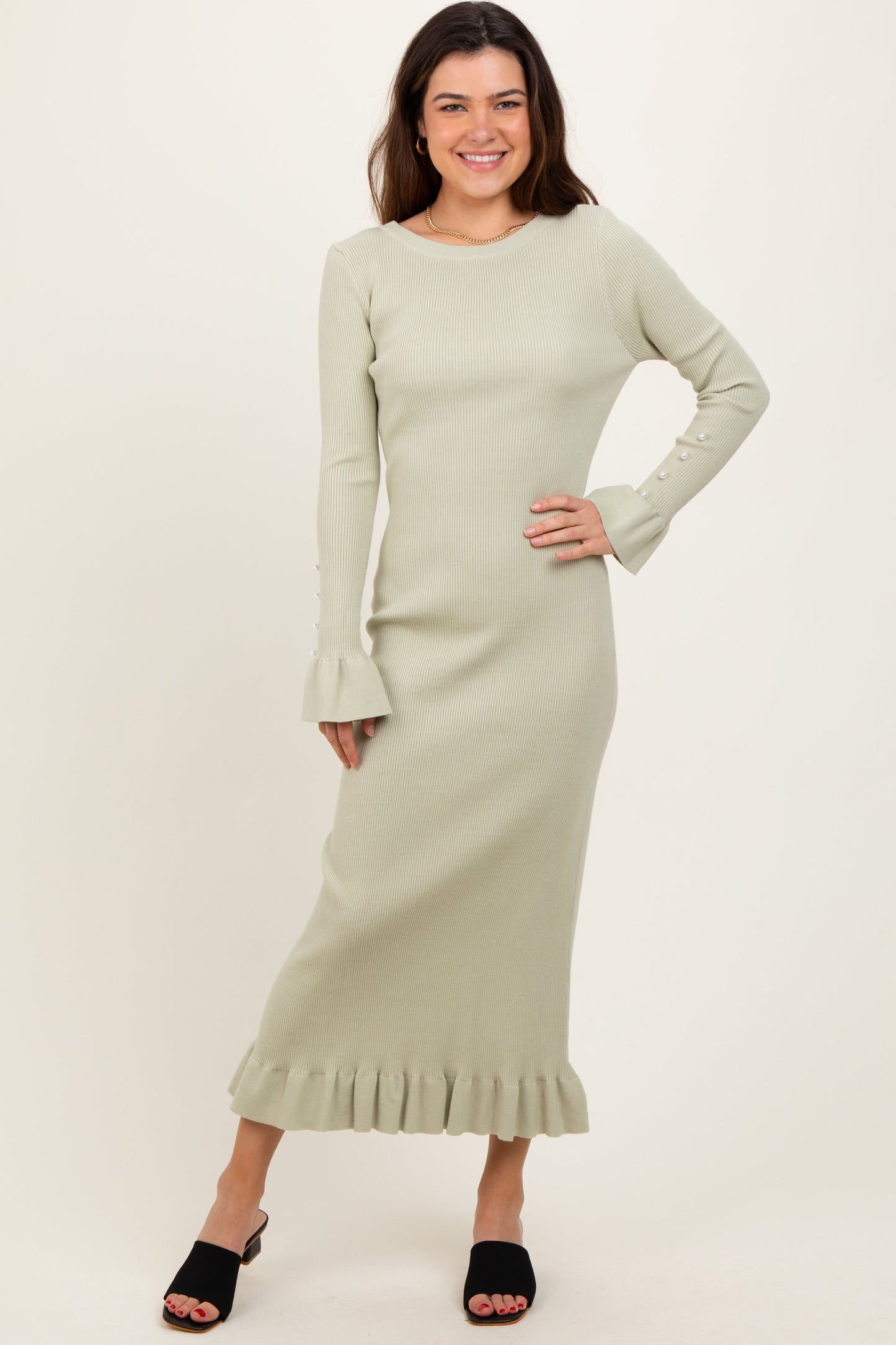 Light Olive Ribbed Knit Bow Back Maternity Maxi Dress