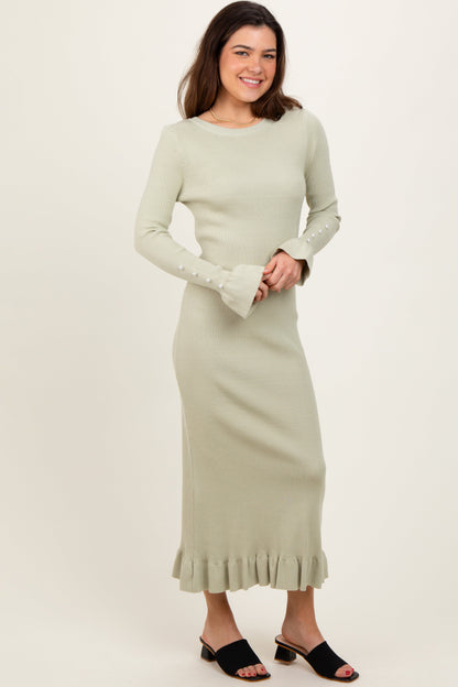 Light Olive Ribbed Knit Bow Back Maxi Dress