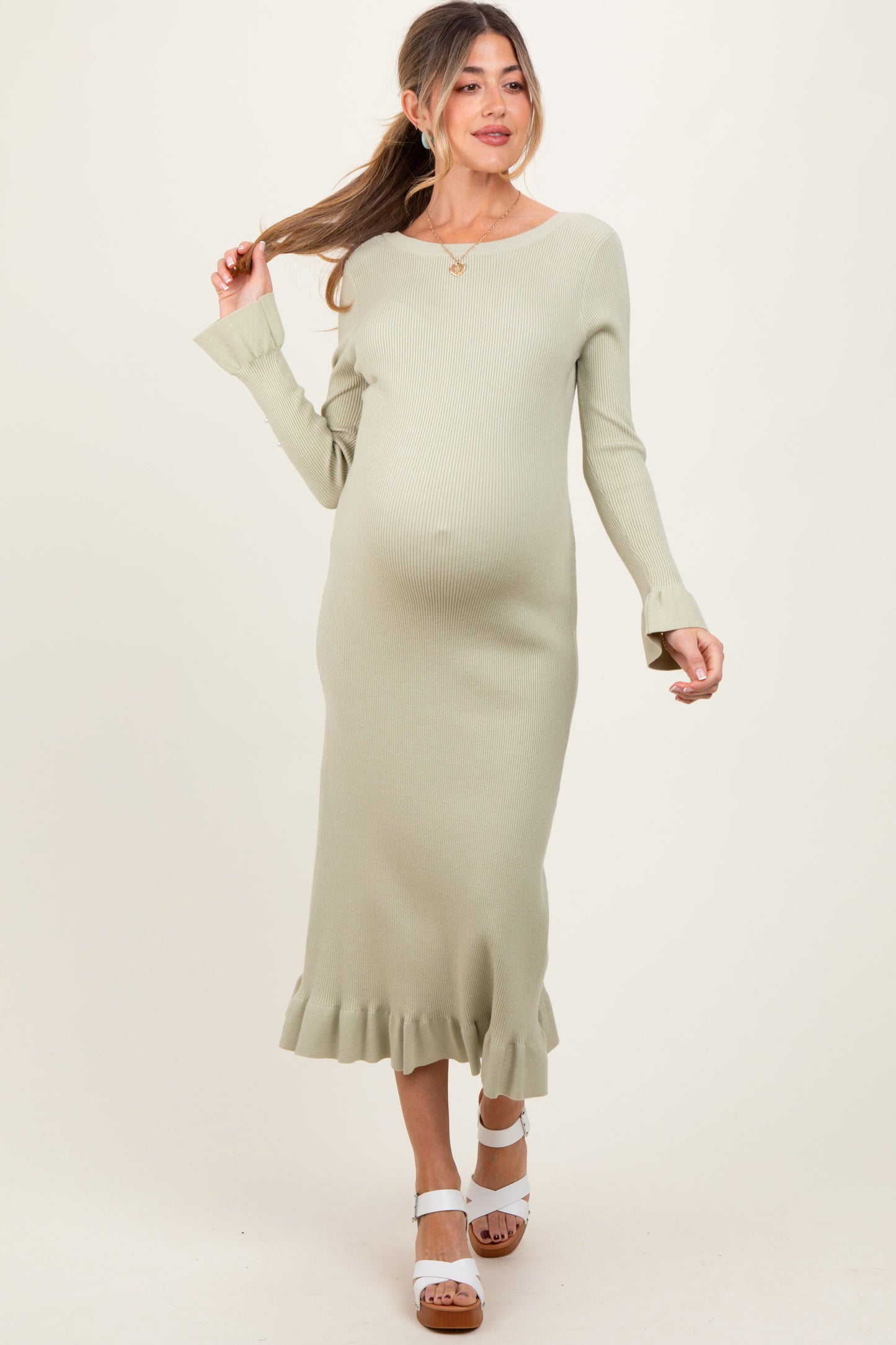 Light Olive Ribbed Knit Bow Back Maternity Maxi Dress