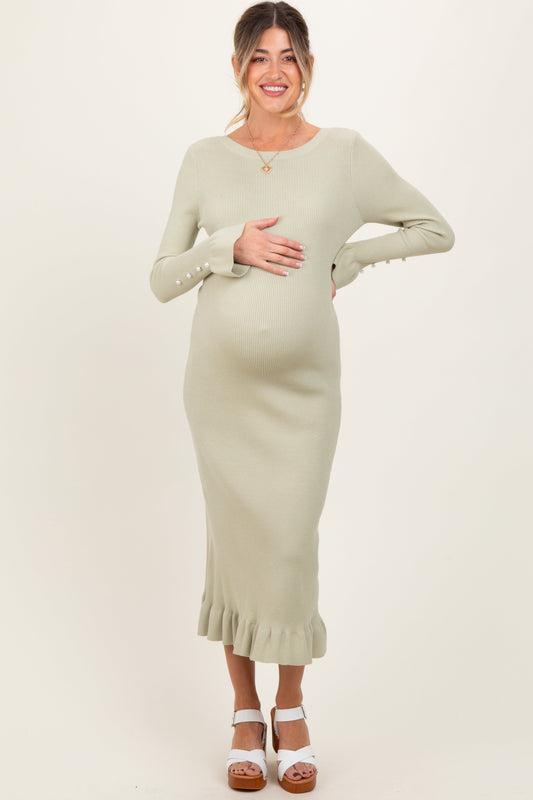 Light Olive Ribbed Knit Bow Back Maternity Maxi Dress