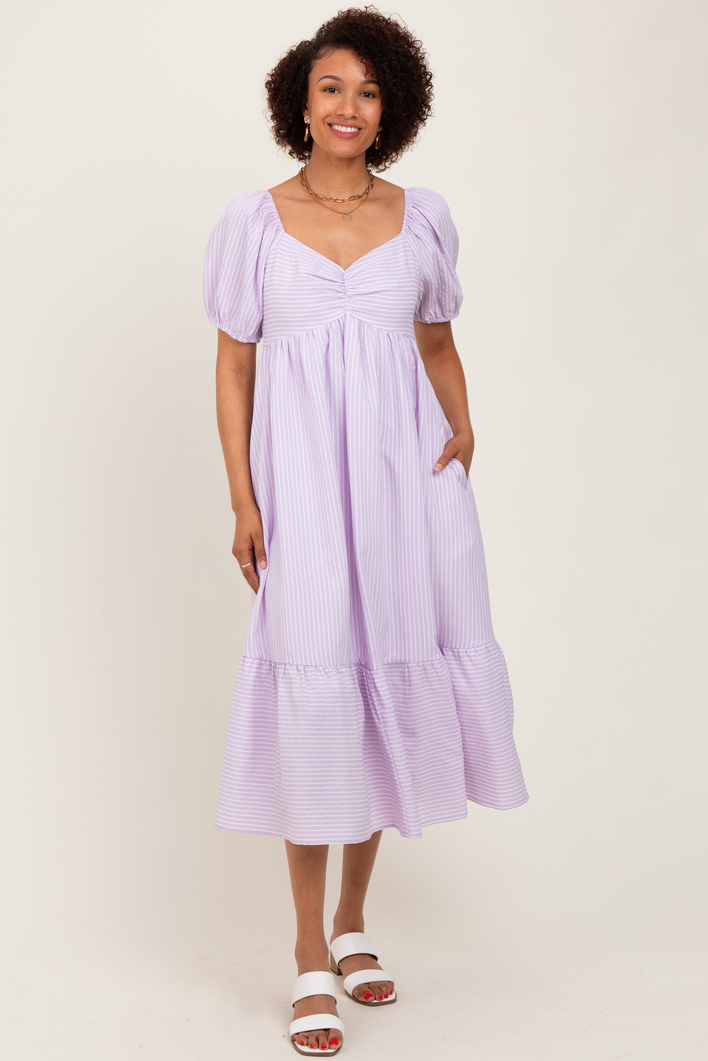 Lavender Sweetheart Stripe Smocked Back Maternity Midi Dress
