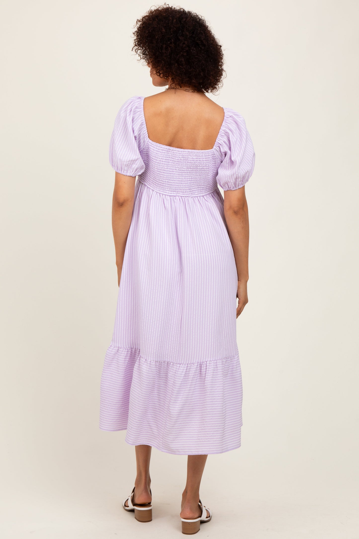 Lavender Sweetheart Stripe Smocked Back Midi Dress