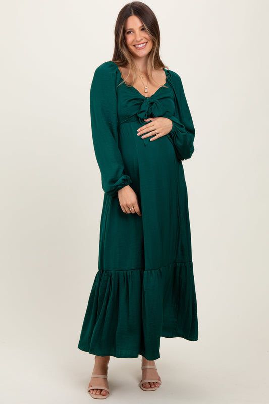 Emerald Bow Satin Maternity Maxi Dress
