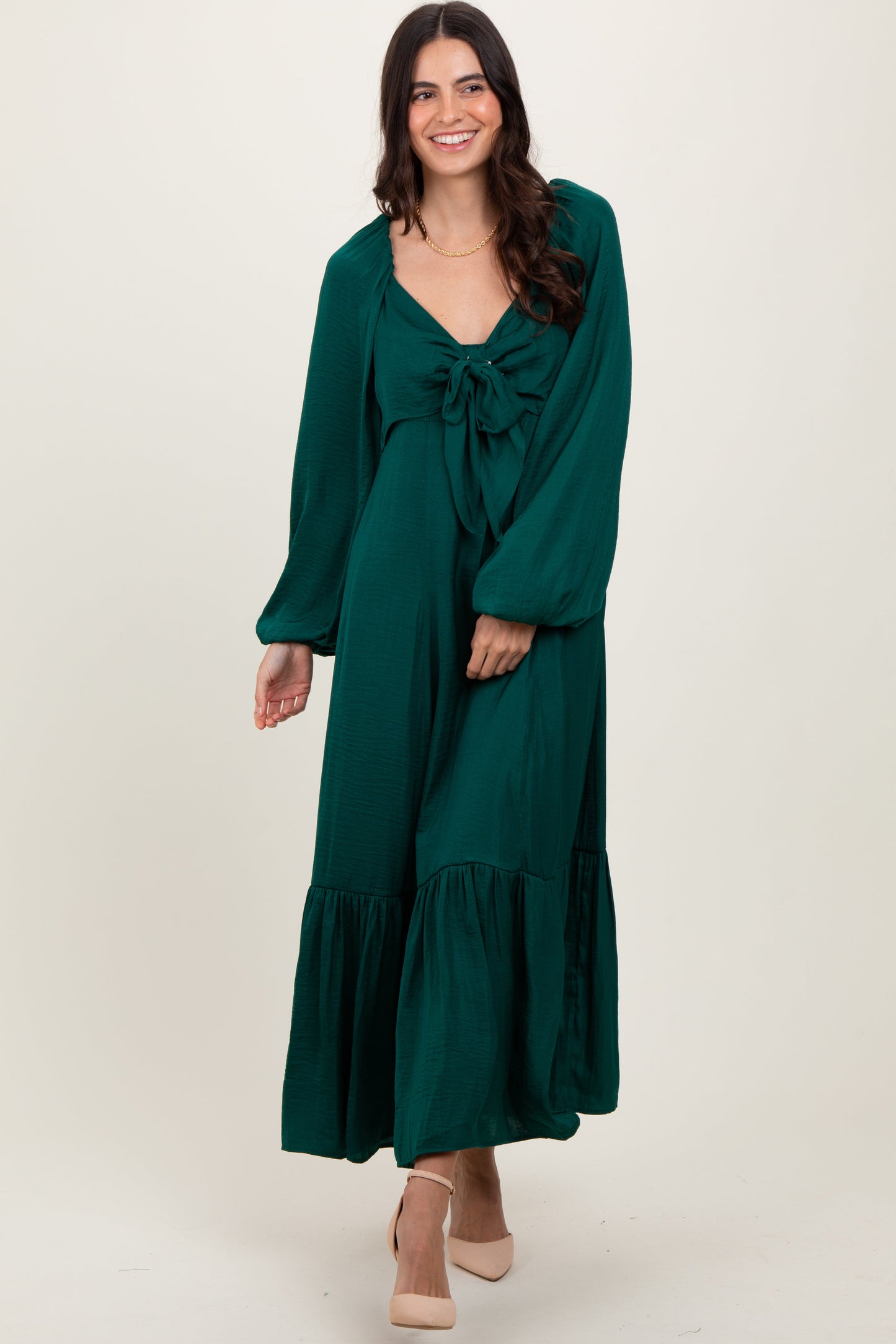 Emerald Bow Satin Maternity Maxi Dress