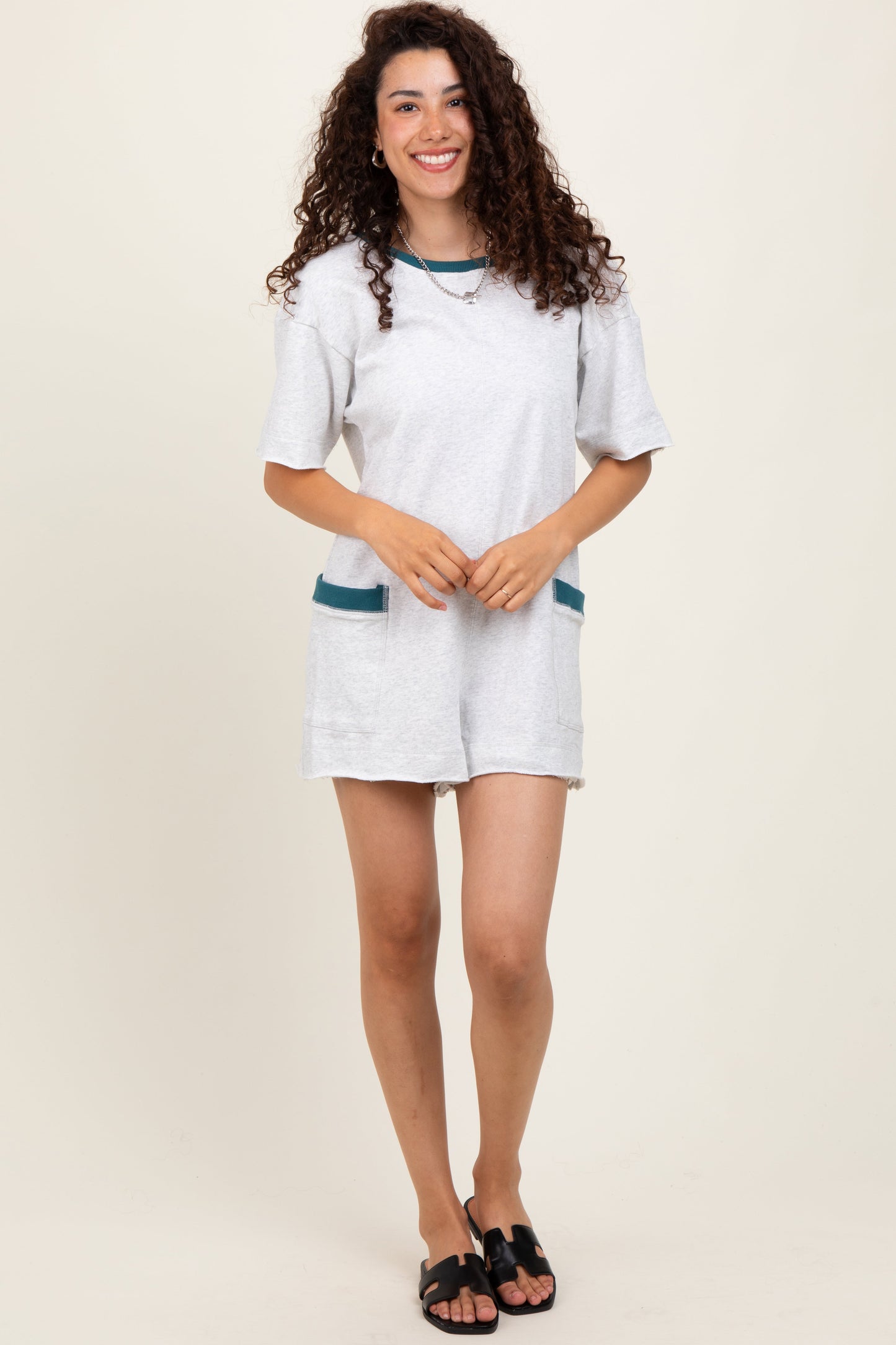 Heather Grey Cotton Terry Contrast Band Short Romper