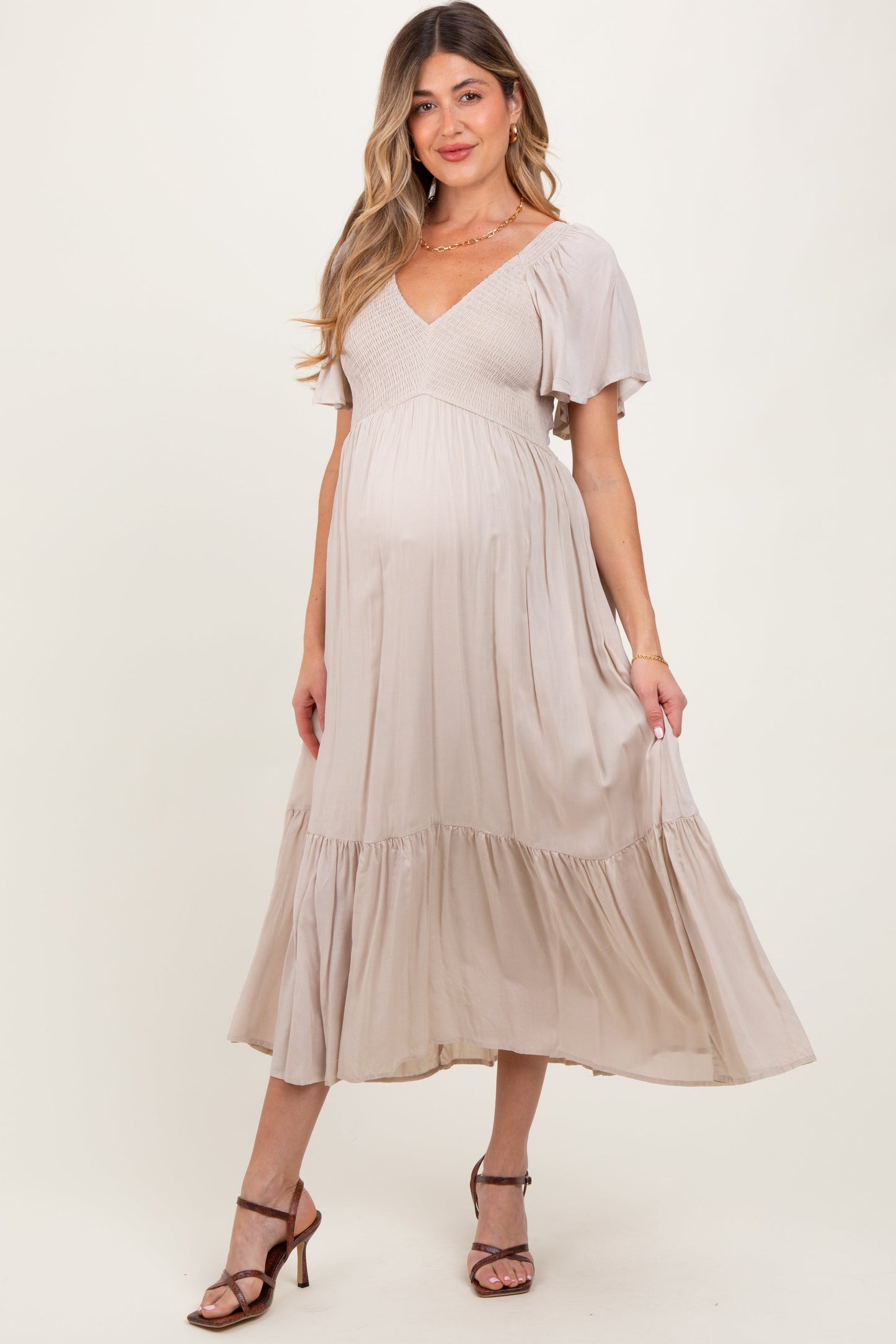 Cream Smocked Flutter Sleeve Midi Dress