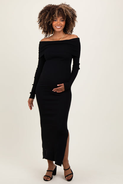 Black Ribbed Knit Off Shoulder Side Slit Maternity Sweater Dress