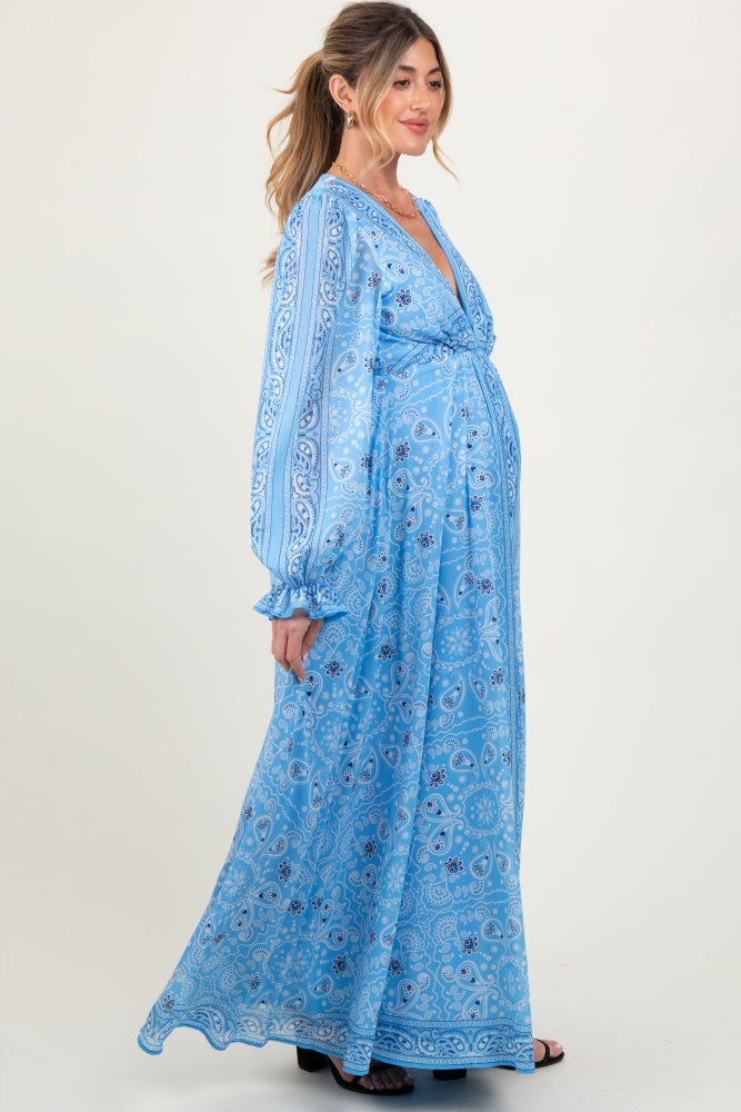Light Blue Paisley Deep V-Neck Long Sleeve Maternity Maxi Dress