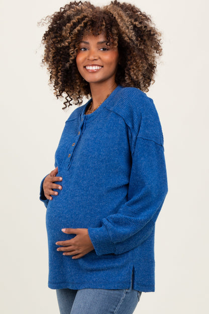 Light Navy Oversized Ribbed Knit Henley Maternity Sweater