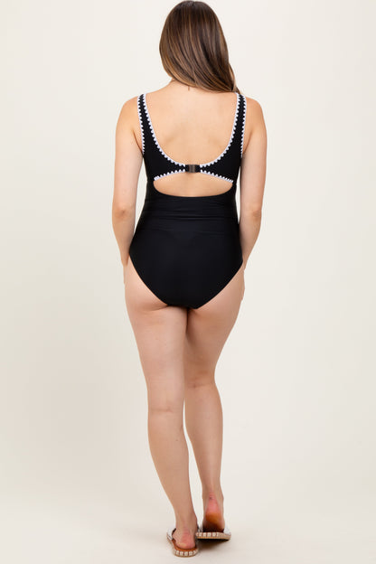 Black Embroidered Trim Back Cutout One Piece Maternity Swimsuit