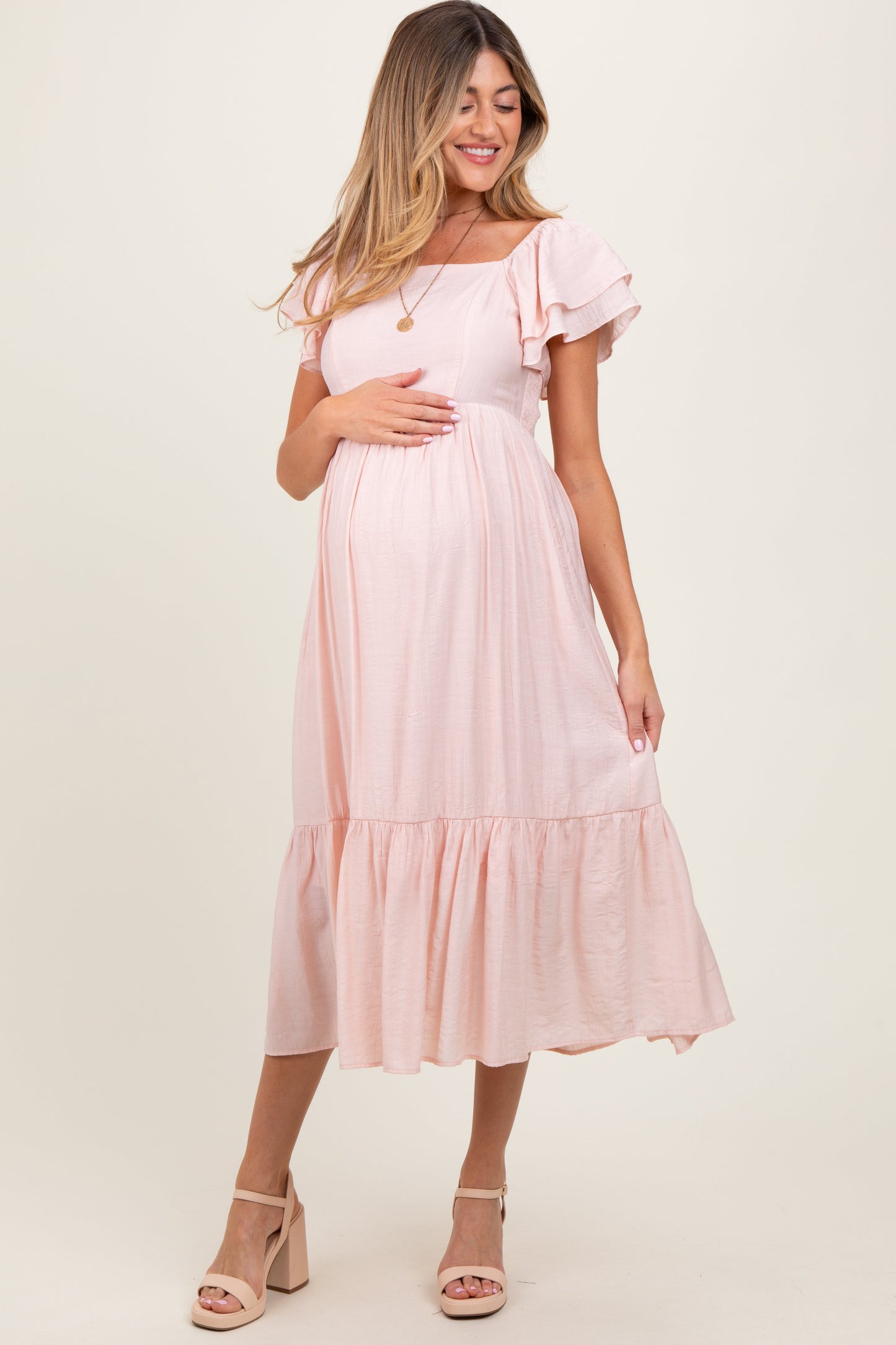 Light Pink Flutter Sleeve Maternity Midi Dress