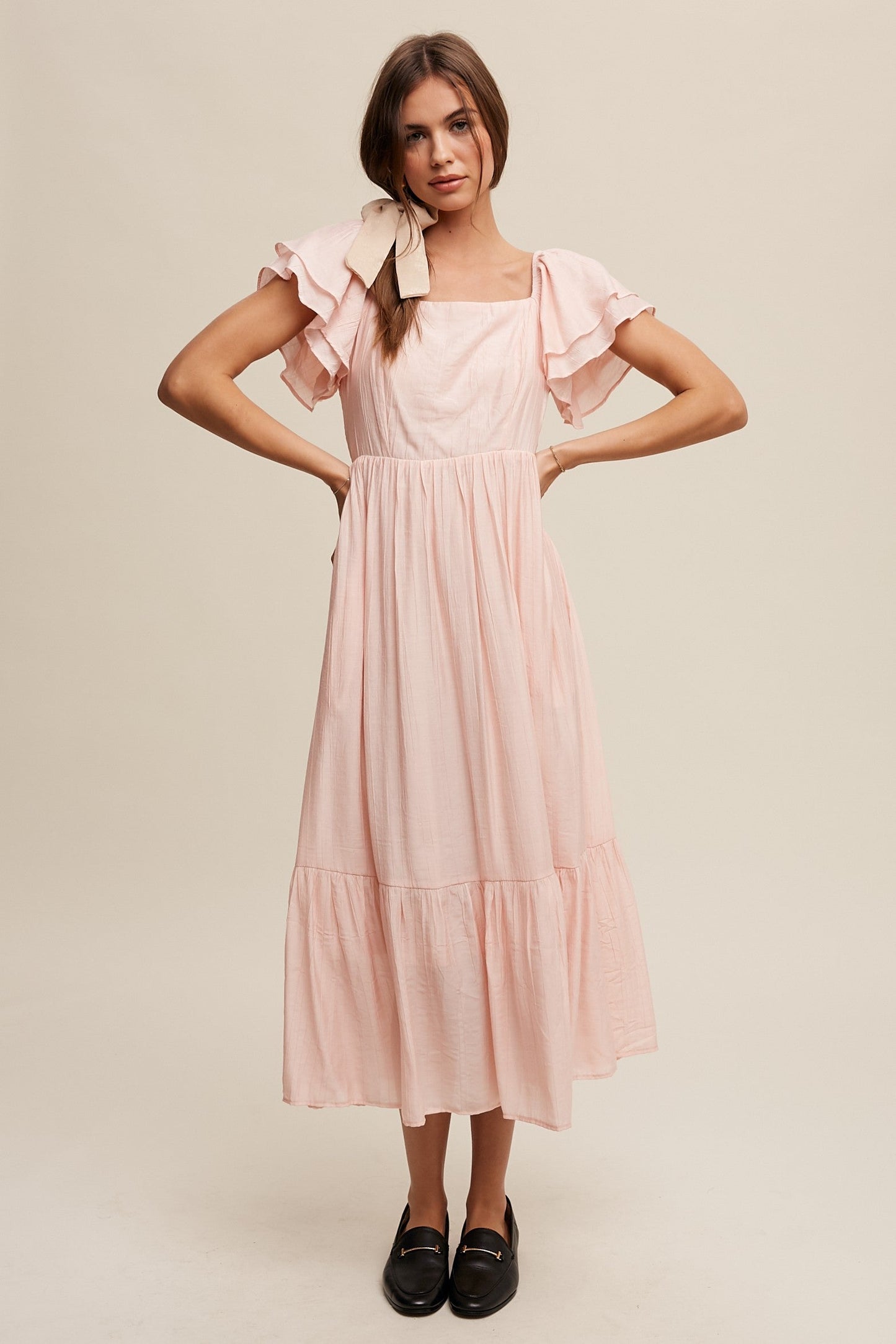 Light Pink Flutter Sleeve Maternity Midi Dress