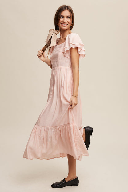 Light Pink Flutter Sleeve Midi Dress