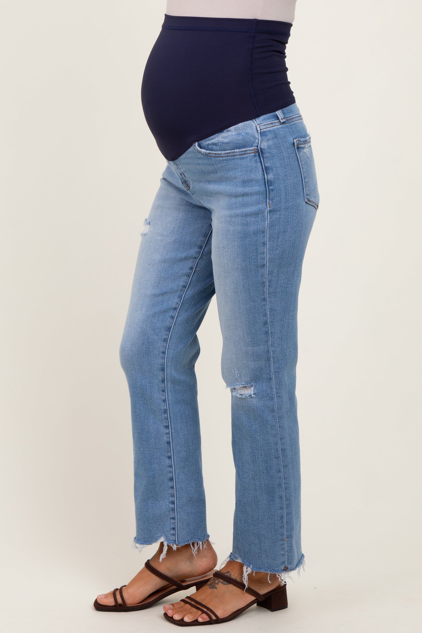 Blue Distressed Raw Hem Maternity Straight Leg Ankle Jeans