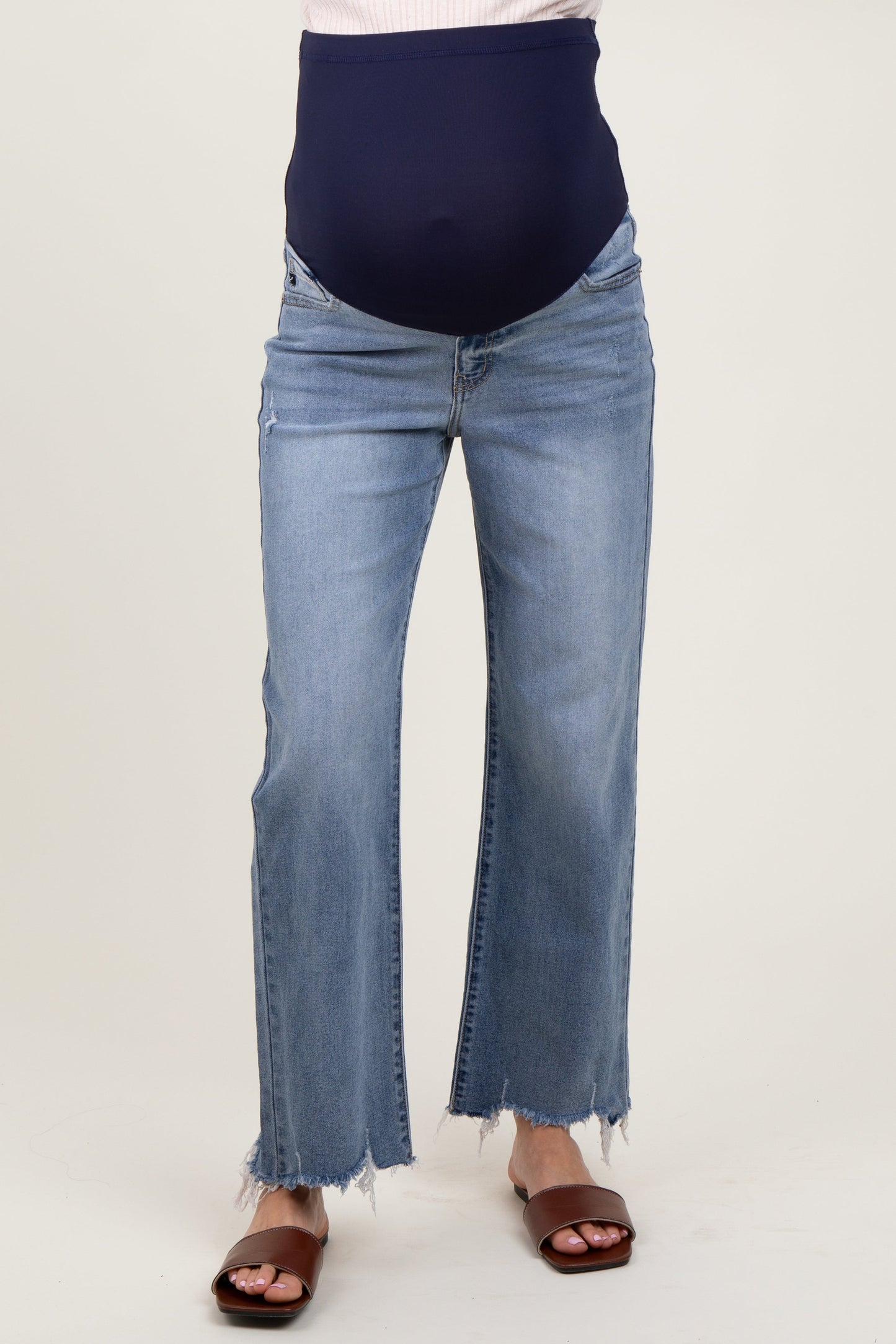 Light Blue Fringe Hem Maternity Wide Leg Jeans