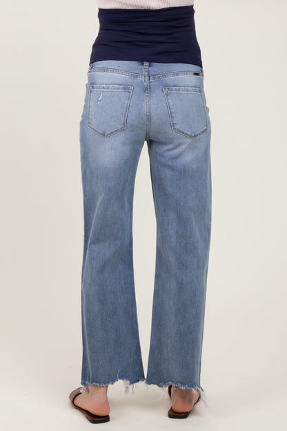 Light Blue Fringe Hem Maternity Wide Leg Jeans
