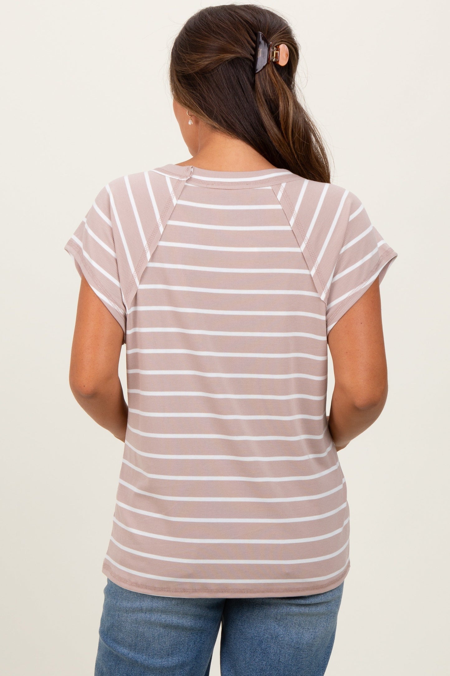 Mocha Stripe Ribbed Short Sleeve Maternity Tunic Top