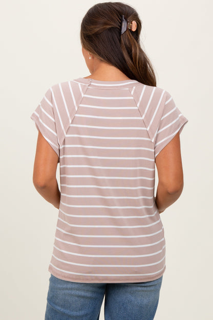 Mocha Stripe Ribbed Short Sleeve Maternity Tunic Top
