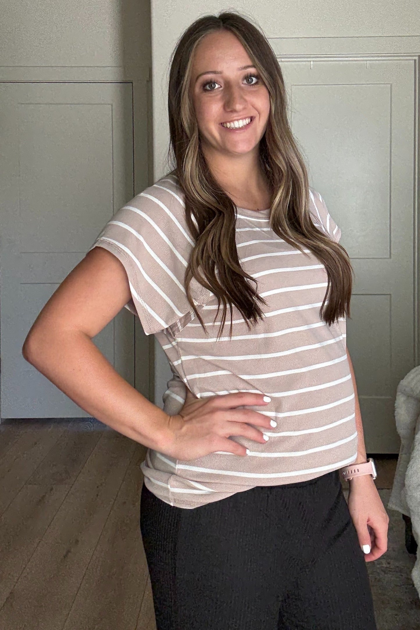 Mocha Stripe Ribbed Short Sleeve Maternity Tunic Top