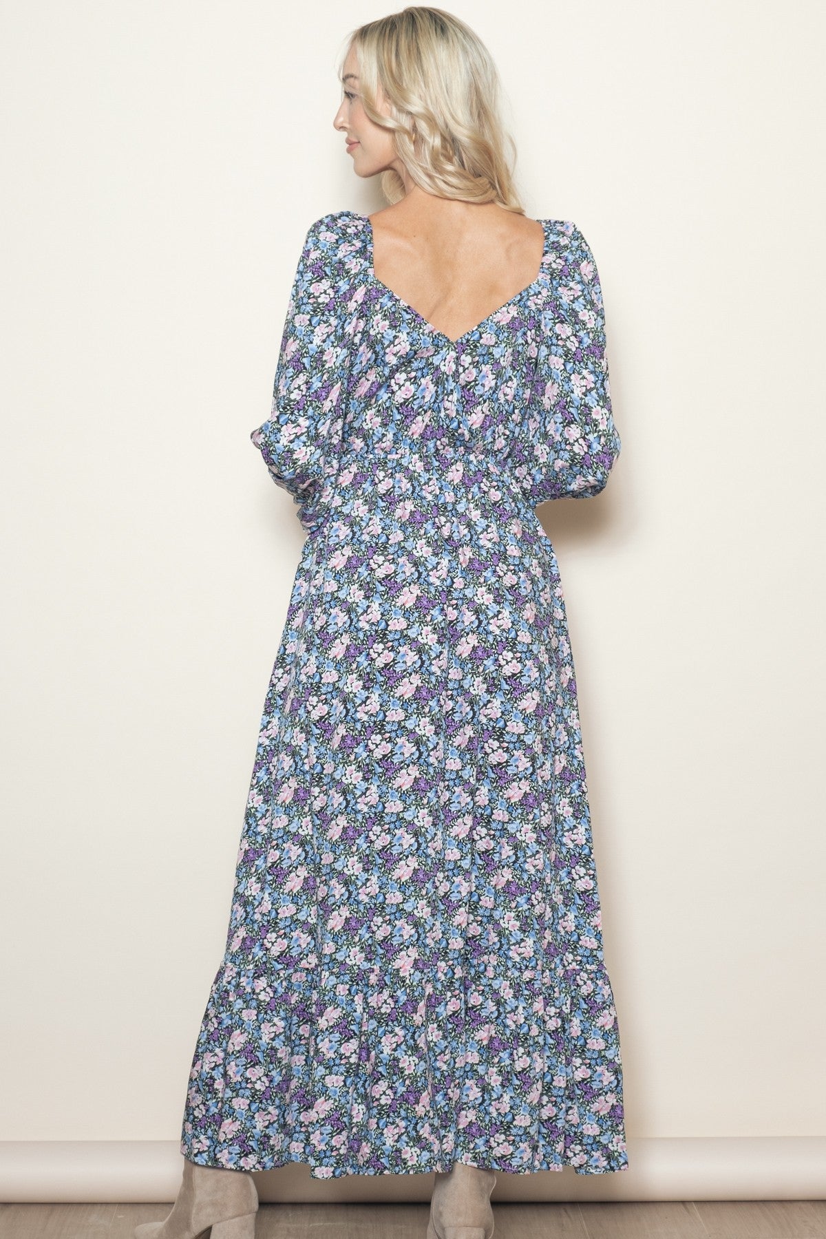 Blue Floral Reversible Long Sleeve Maxi Dress