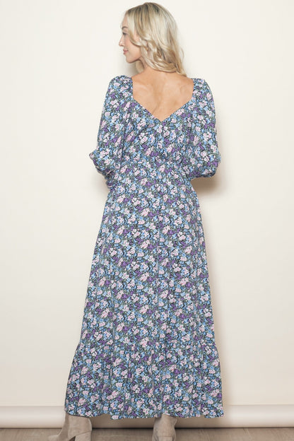 Blue Floral Reversible Long Sleeve Maxi Dress
