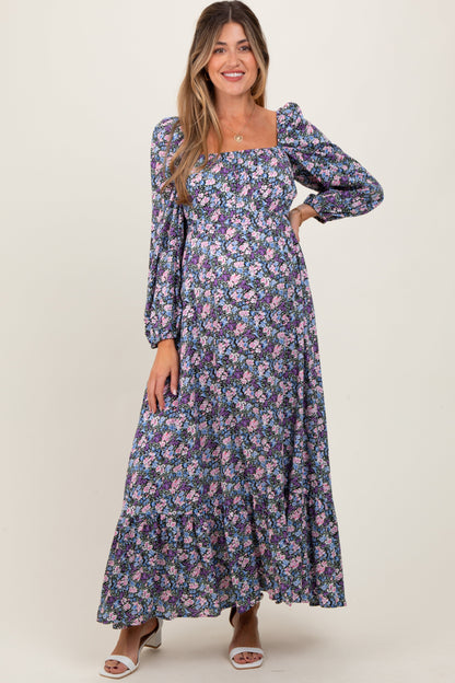 Blue Floral Reversible Long Sleeve Maternity Maxi Dress