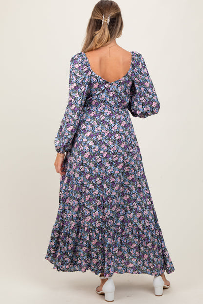 Blue Floral Reversible Long Sleeve Maternity Maxi Dress