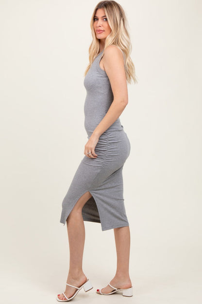 Heather Grey Ribbed Sleeveless Side Slit Midi Dress