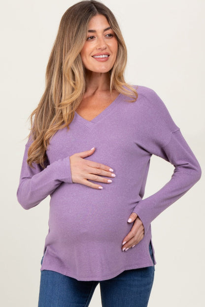 Lavender Basic V-Neck Long Sleeve Brushed Knit Maternity Top