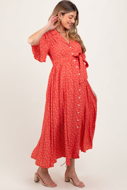 Red Flutter Sleeve Button Down Maternity Maxi Dress