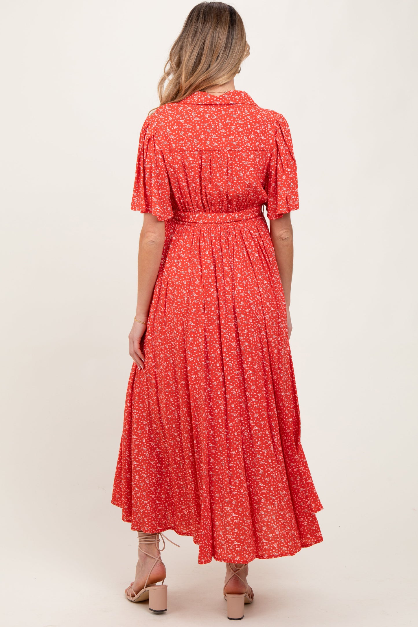 Red Flutter Sleeve Button Down Maternity Maxi Dress