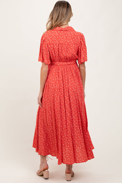 Red Flutter Sleeve Button Down Maternity Maxi Dress