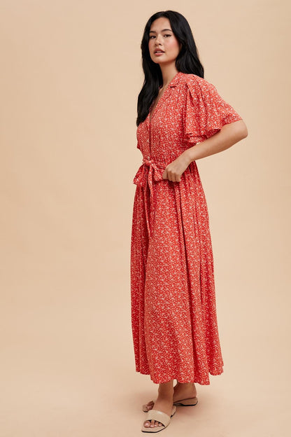 Red Flutter Sleeve Button Down Maxi Dress