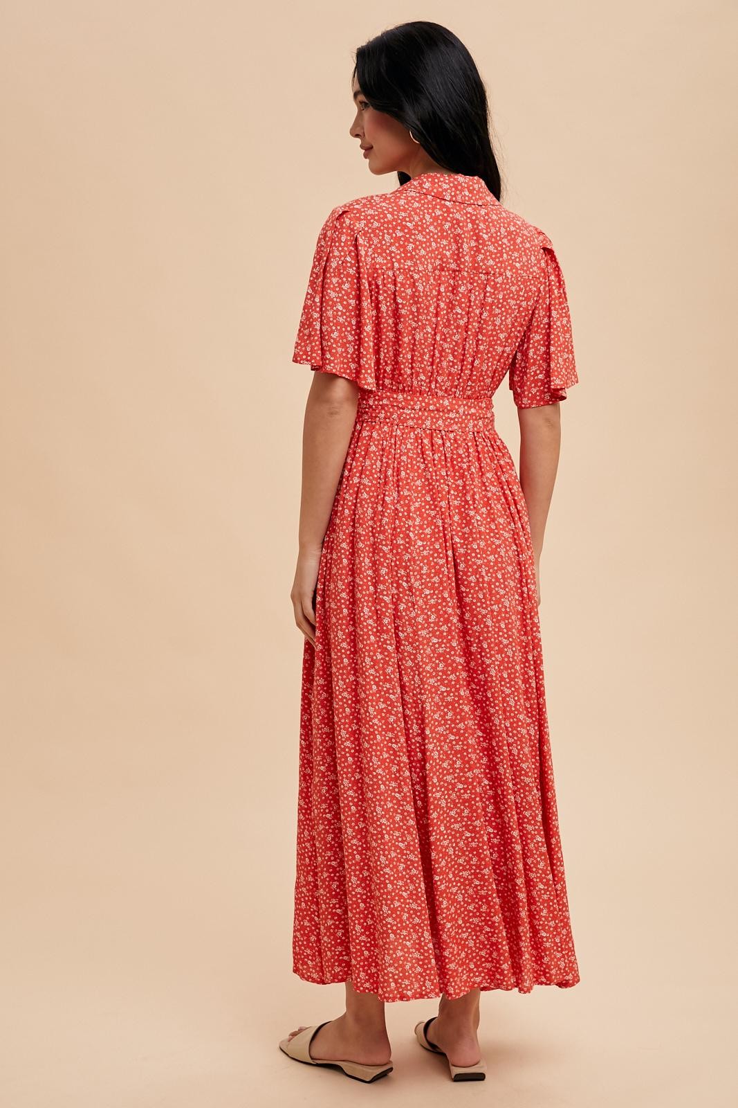 Red Flutter Sleeve Button Down Maxi Dress