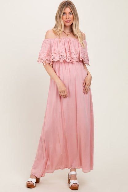Pink Lace Off Shoulder Maxi Dress