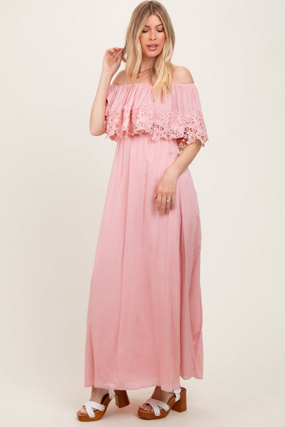 Pink Lace Off Shoulder Maxi Dress