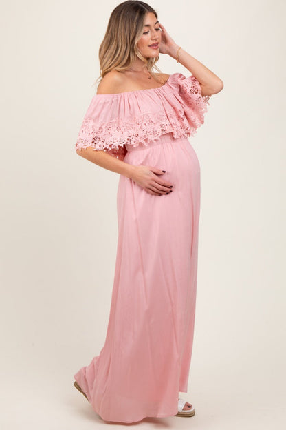 Pink Lace Off Shoulder Maternity Maxi Dress