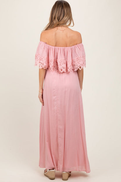 Pink Lace Off Shoulder Maternity Maxi Dress